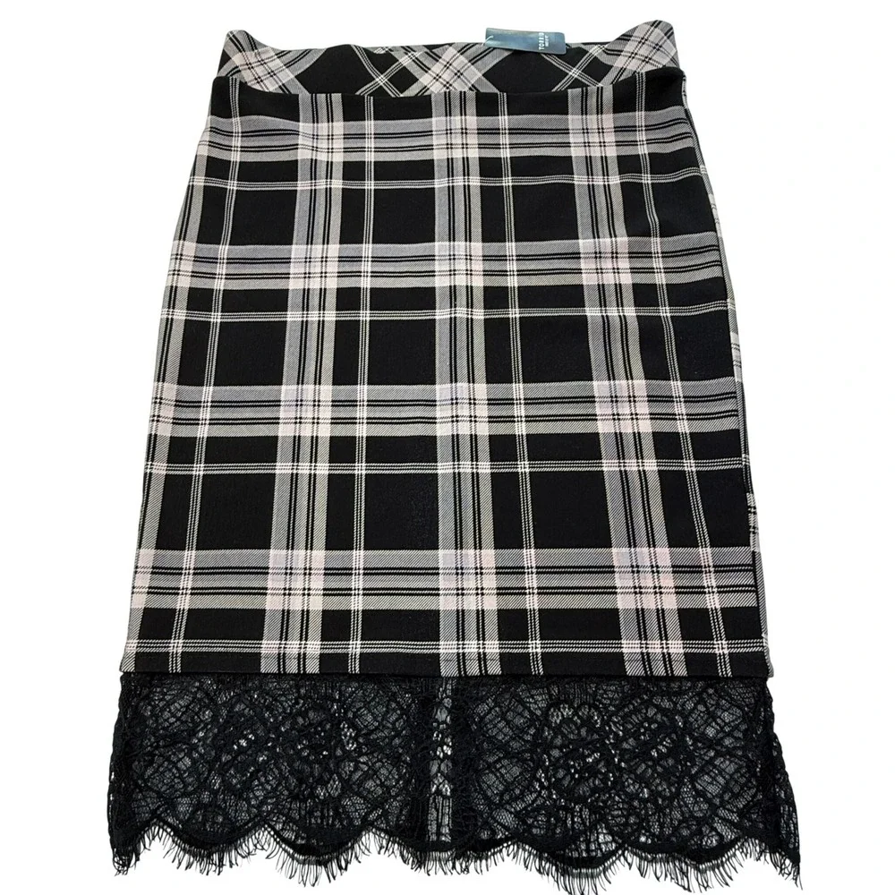 Torrid Ponte Knit Plaid Pencil Midi Skirt Lace Trim‎ Black Pink Womens 10